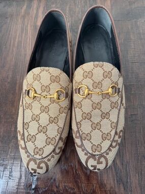 Gucci Beige & Brown GG Canvas Horsebit Loafers
